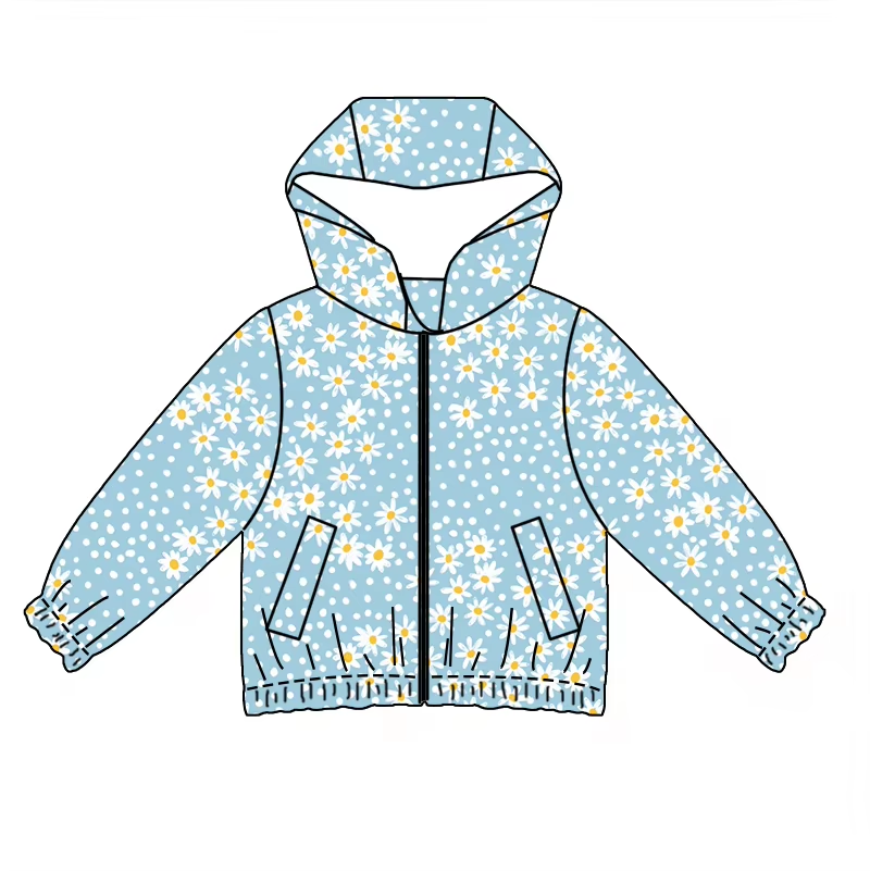 Custom moq 3 eta 6-8 weeks White Polka Dot Daisy Long Sleeve Zip-Up Hooded Jacket