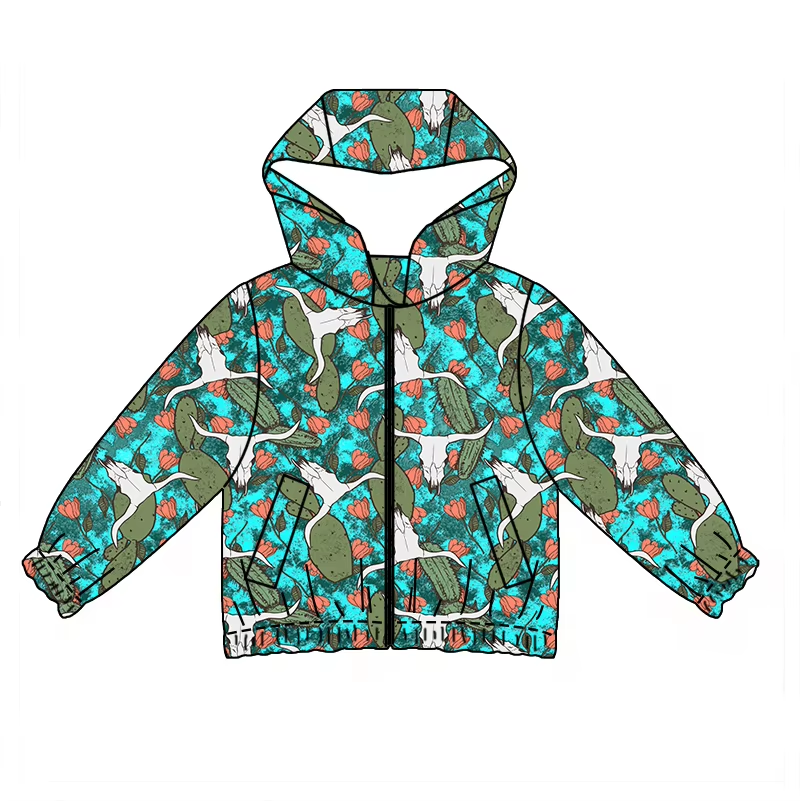 Custom moq 3 eta 6-8 weeks Green Cactus Bull Head Pattern Fluorescent Blue Long Sleeve Zipper Hooded Jacket
