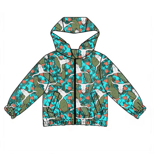 Custom moq 3 eta 6-8 weeks Green Cactus Bull Head Pattern Fluorescent Blue Long Sleeve Zipper Hooded Jacket