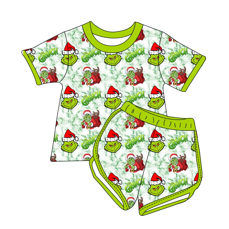 Custom moq 3 eta 7/8week moq 5 eta /4/5week Christmas Green Monster Pattern Tie-Dye Short Sleeve Shorts Set