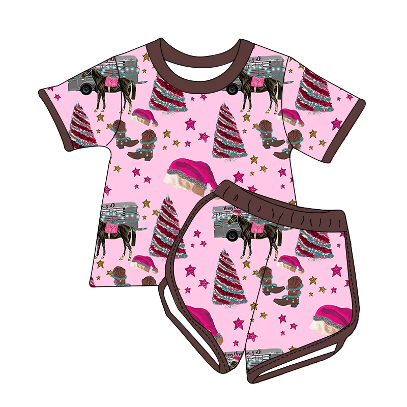 Custom moq 3 eta 7/8week moq 5 eta /4/5week Pink & Brown Short Sleeve Shorts Set with Streamer Christmas Tree-Hat-Boots Pattern