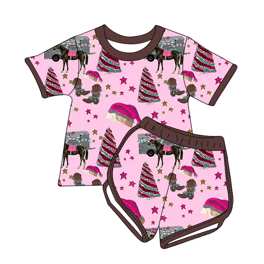 Custom moq 3 eta 7/8week moq 5 eta /4/5week Pink & Brown Short Sleeve Shorts Set with Streamer Christmas Tree-Hat-Boots Pattern