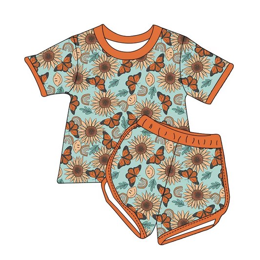 Custom moq 3 eta 7/8week moq 5 eta /4/5week Butterfly Sunflower Teal Short Sleeve Shorts Set