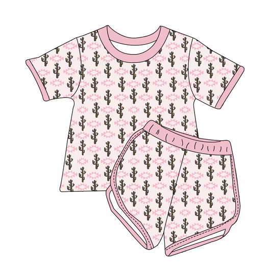 Custom moq 3 eta 7/8week moq 5 eta /4/5week Pink Diamond & Cactus Short Sleeve Shorts Set