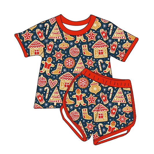 Custom moq 3 eta 7/8week moq 5 eta /4/5week Cookie Bear & Christmas Elements Pattern Red and Green Short Sleeve Shorts Set