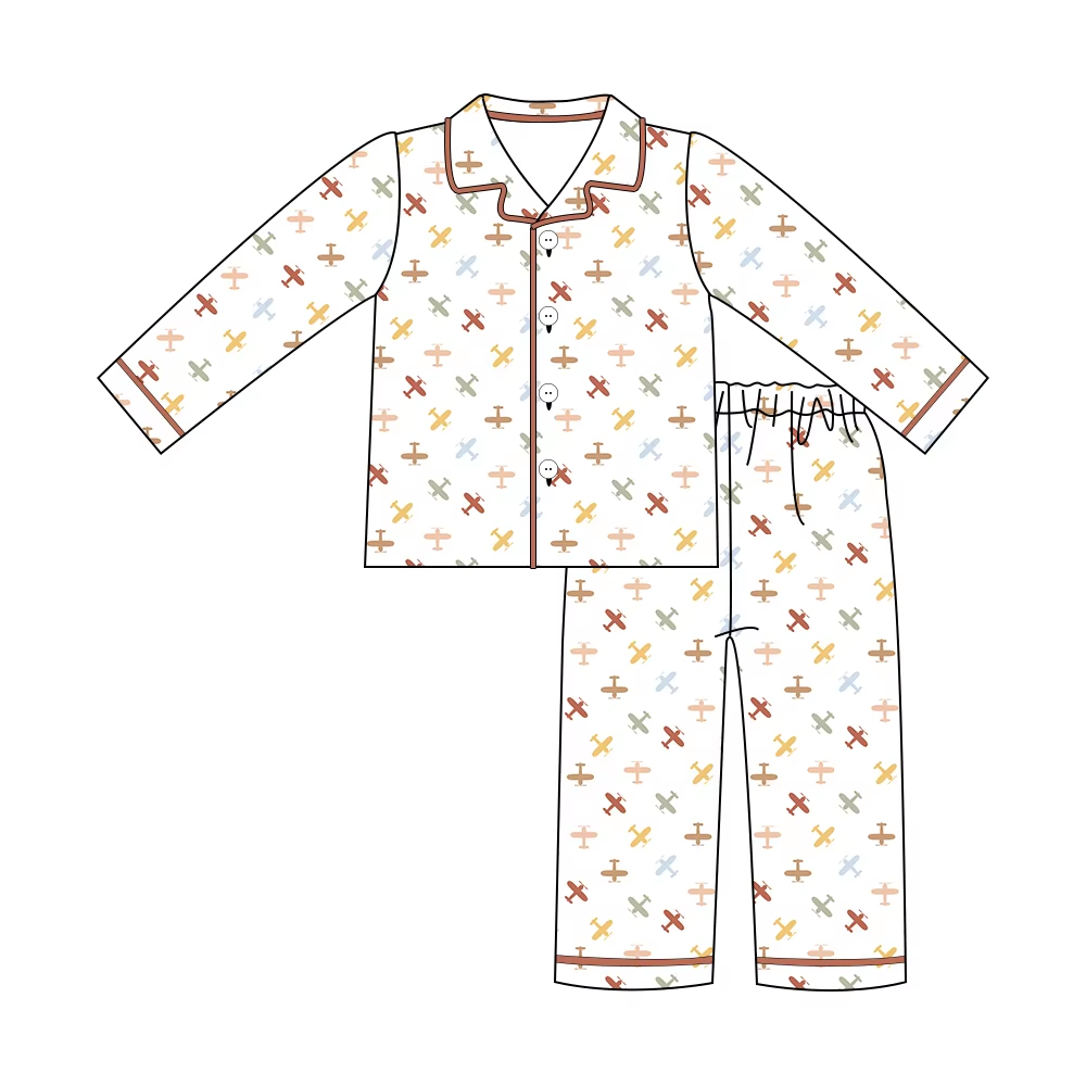 Custom moq 3 eta 7/8week moq 5 eta /4/5week White Airplane Button Long Pajama Set