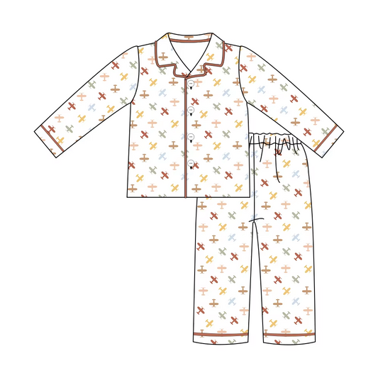 Custom moq 3 eta 7/8week moq 5 eta /4/5week White Airplane Button Long Pajama Set