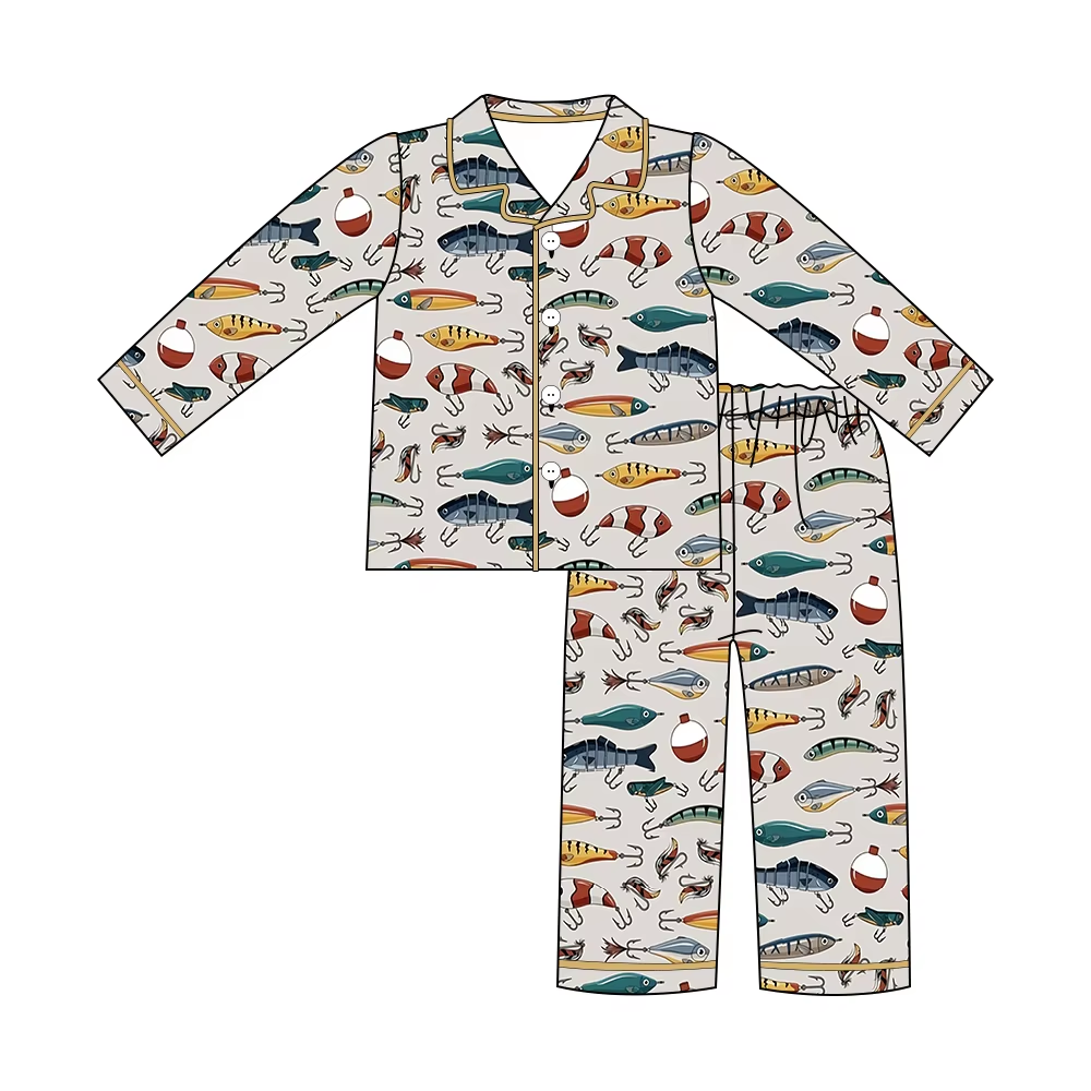 Custom moq 3 eta 7/8week moq 5 eta /4/5week Grey Ocean Fishhook Button Long Pajama Set