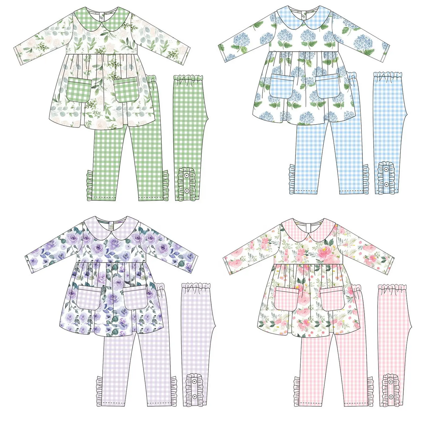 Custom moq 3  MIX SIZE eta 7/8week moq 5 eta /4/5week Green Plant and Flower Print Pattern Doll Collar Pocket Long Sleeve Mixed Suit