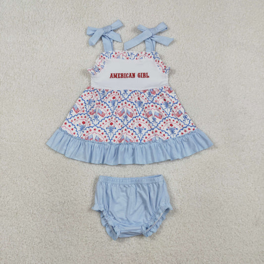 RTS NO MOQ（In Stock ) SR3648 Blue Suspender Jumpsuit with Embroidered American Girl Flag and Star Pattern