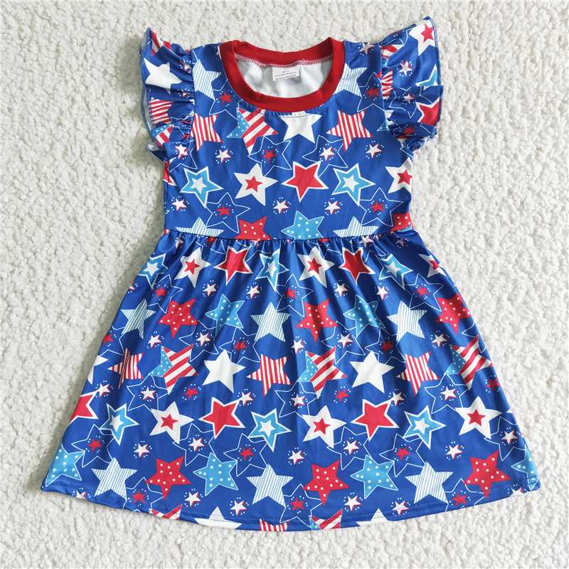 SALES NEW Baby Girls Star Print Flutter Sleeve Dress 4th of July Independence Day Cute Baby Outfit for Girls