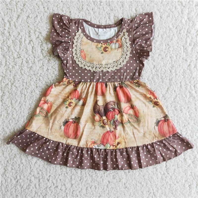 SALES NEW Baby Girls Brown Polka Dots Dress with Pumpkins And Sunflowers Design Infant Clothing for Girls