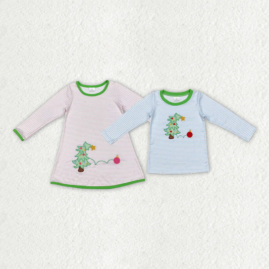 RTS NO MOQ Embroidered Lights Christmas Tree Striped Long Sleeve Dress & Top