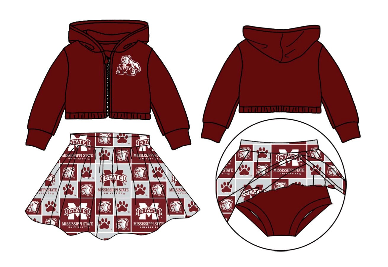 custom moq 3 eta 6-7weeks team summer baby girls clothes brick red hooded with skirts sets