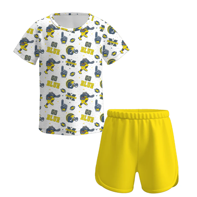 Custom moq 5 each style eta 6-7weeks baby boy and girl clothes team bow short sleeve shorts suits