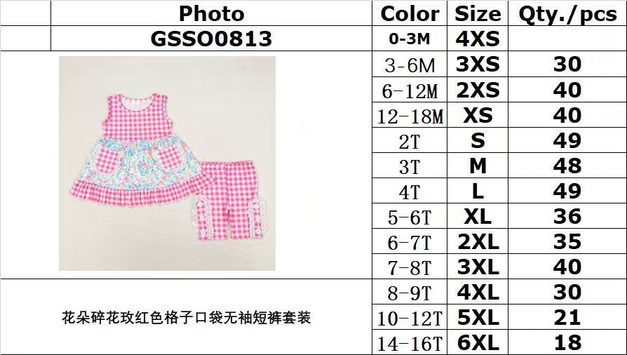 rts no moq GSSO0813 Floral floral rose red plaid pocket sleeveless shorts suit