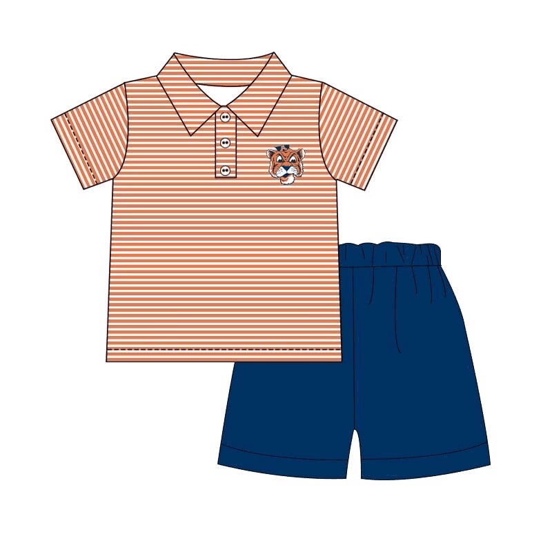 custom moq 5 eta 6-7weeks baby boys clothes orange striped short sleeve navy blue shorts suit