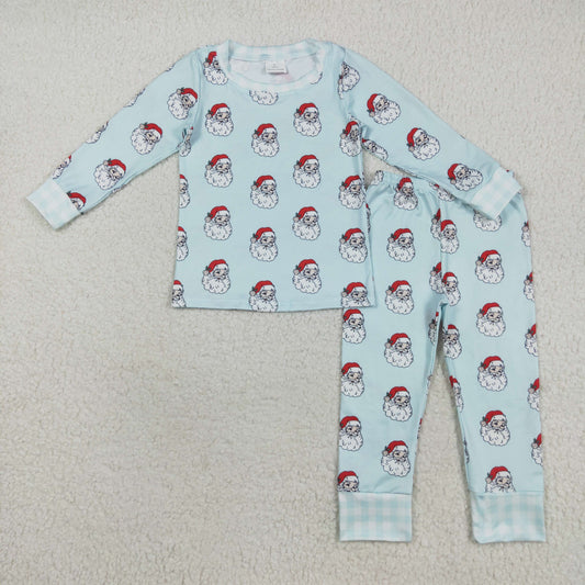 RTS NO MOQ（In Stock) BLP1090 Blue Santa Claus plaid long-sleeved pantsuit set