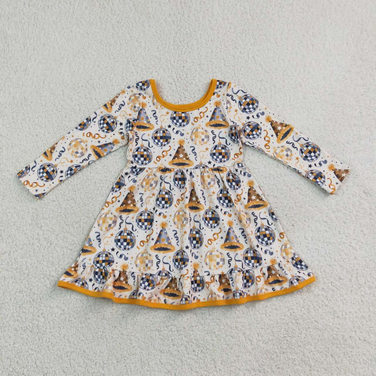 NEW RTS NO MOQ milk silk GLD1723 Baby Girls Stars Lights Happy New Year Ruffle Knee Length Dress