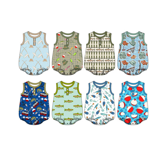 4.11  Custom moq 5 mix size Sibling Baby Boy's Fish Print Sleeveless Button Romper Summer Casual Outfit