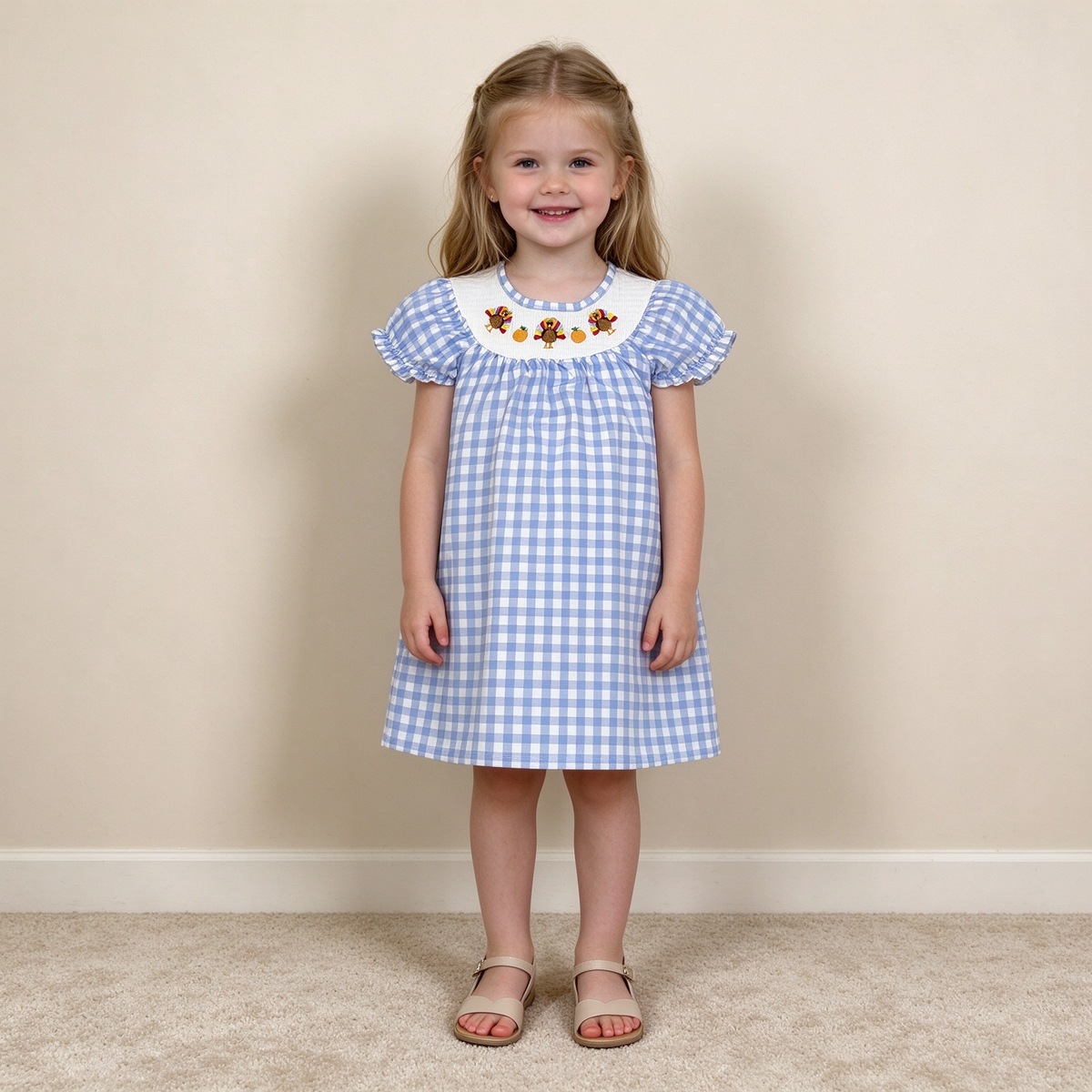 NEW RTS NO MOQ milk silk GSD4250 Smocked Baby Girls Short Ruffle Sleeve Turkey Thanksgiving Print Checked Knee Length Casual Dress(3-6M-7-8T)