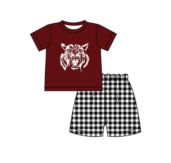 Custom moq 5 mix size milk silk summer teams baby girl boys clothes Dark Red Black and white checkered short sleeve shorts sets 3 and dress and rompers 2 series