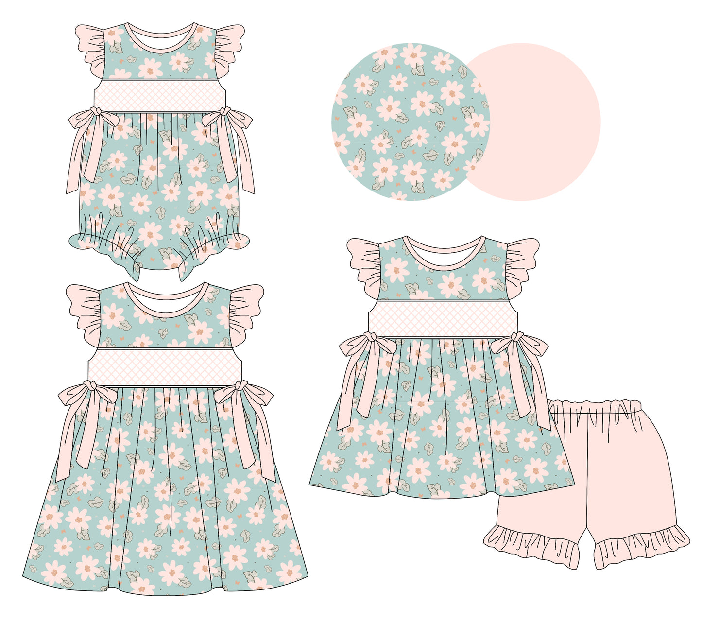 3.11 custom each style moq 5eta 4-6week Sibling Sisters floral baby girl short sleeve shorts sets and dress and rompers match family design