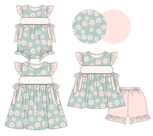 3.11 custom each style moq 5eta 4-6week Sibling Sisters floral baby girl short sleeve shorts sets and dress and rompers match family design