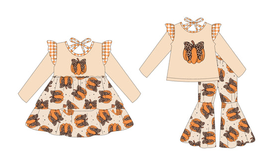 25.7.9 custom each style moq 5eta 4-6week Sibling Sisters pumpkin bow baby girl long sleeve pants sets and dress match family design