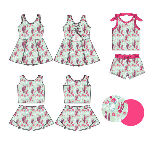 25.6.11 custom each style moq 5eta 4-6week Sibling Sister catcus baby girl short sleeve shorts sets and skirts sets and dress match design