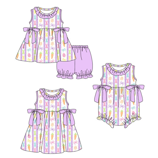 Custom moq 5 mix size Sibling Baby Girl's Purple Bunny Print Easter Short-Sleeved Top And Shorts Set Cute Romper Dress for Spring Summer