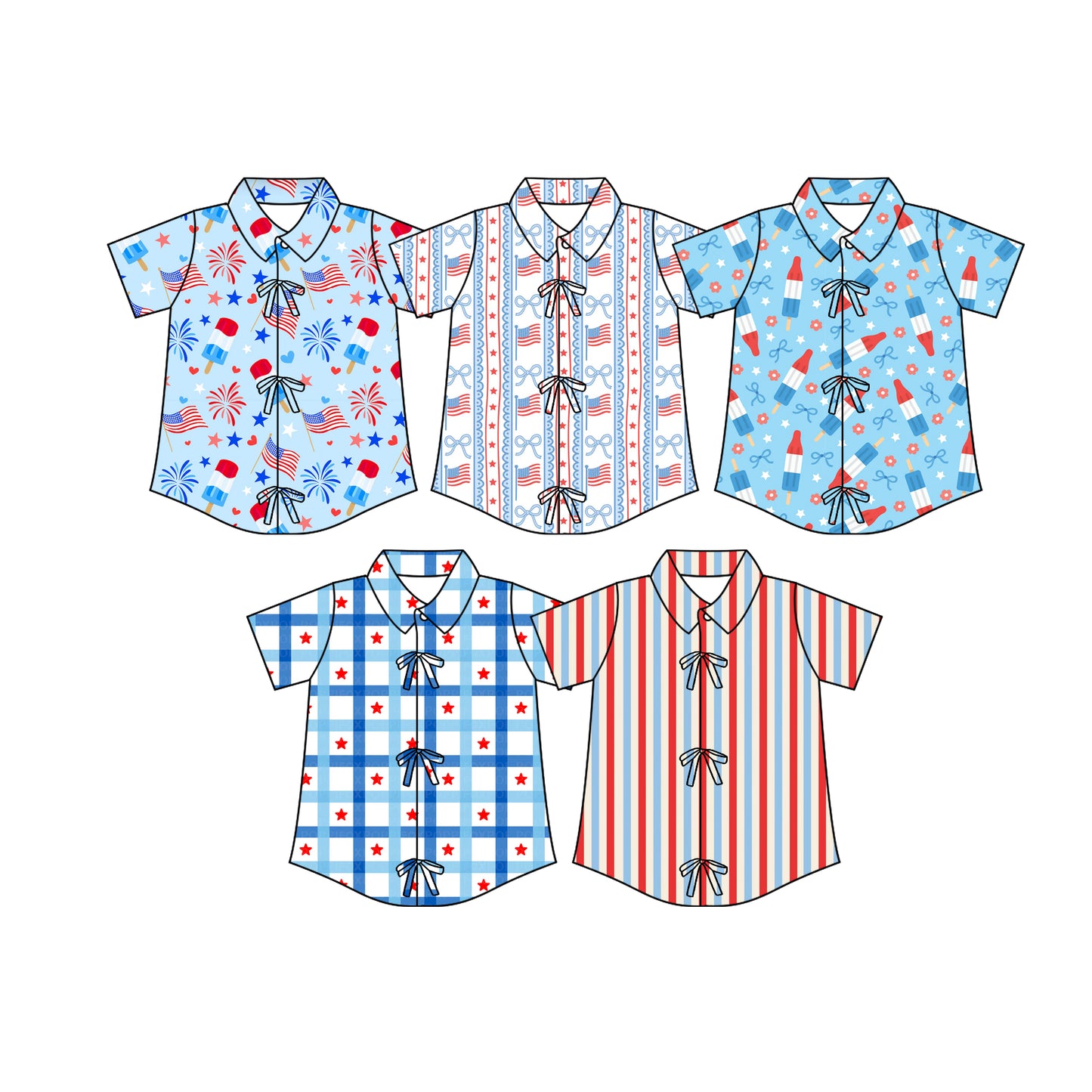2.26 Custom moq 5 mix size Sibling Children's 4th of July Short-Sleeved Shirt with Bow Cute Kids' Top for Summer