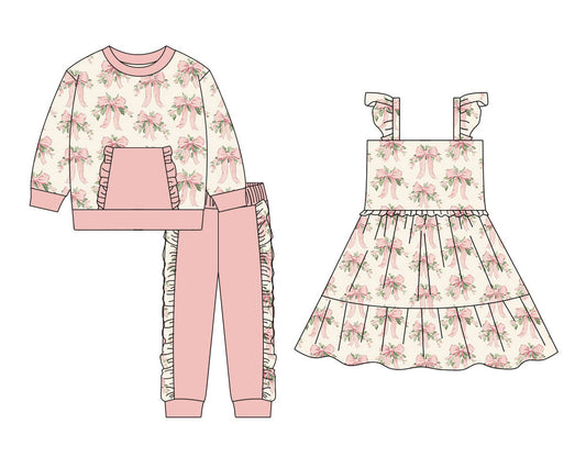 25.10.18 custom each style moq 5 eta 6-8week Sibling Sisters bow floral baby girl long sleeve pants sets and dress match family design