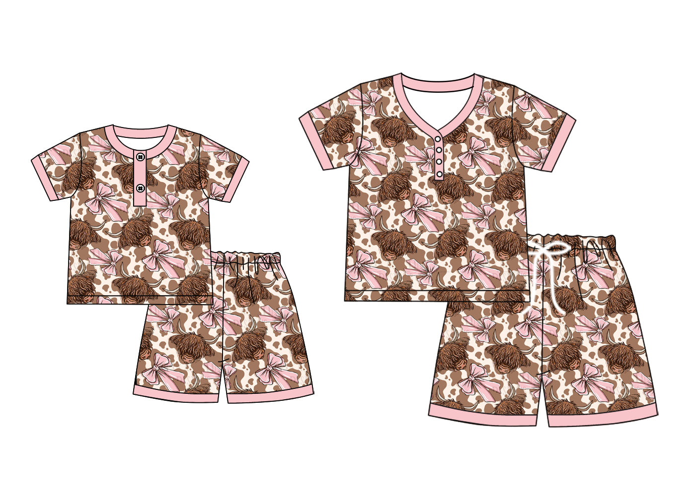 4.19 custom each style moq 5eta 4-6week Sibling Sister alpine cow head bow short sleeve shorts sets and adult sets match design