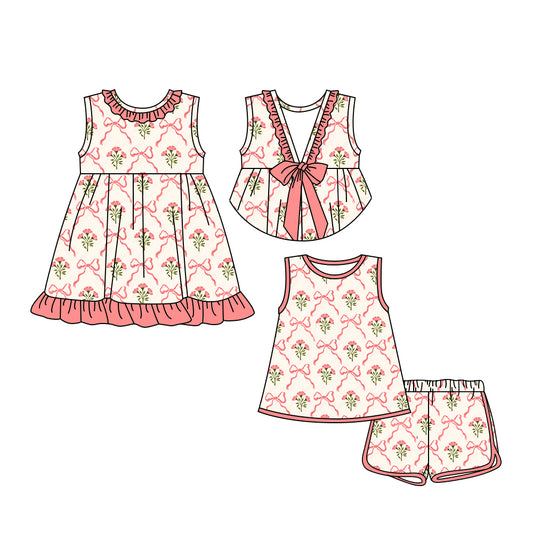 3.24 custom each style moq 5eta 4-6week Sibling Sister bow floral baby girl short sleeve shorts sets and dresses match design