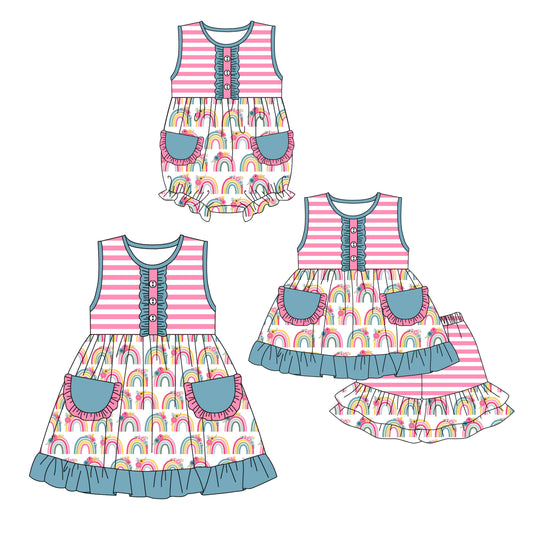 12.16 custom each style moq 5eta 4-6week Sibling Sister rainbow baby girl short sleeve shorts sets and dress and rompers match family design