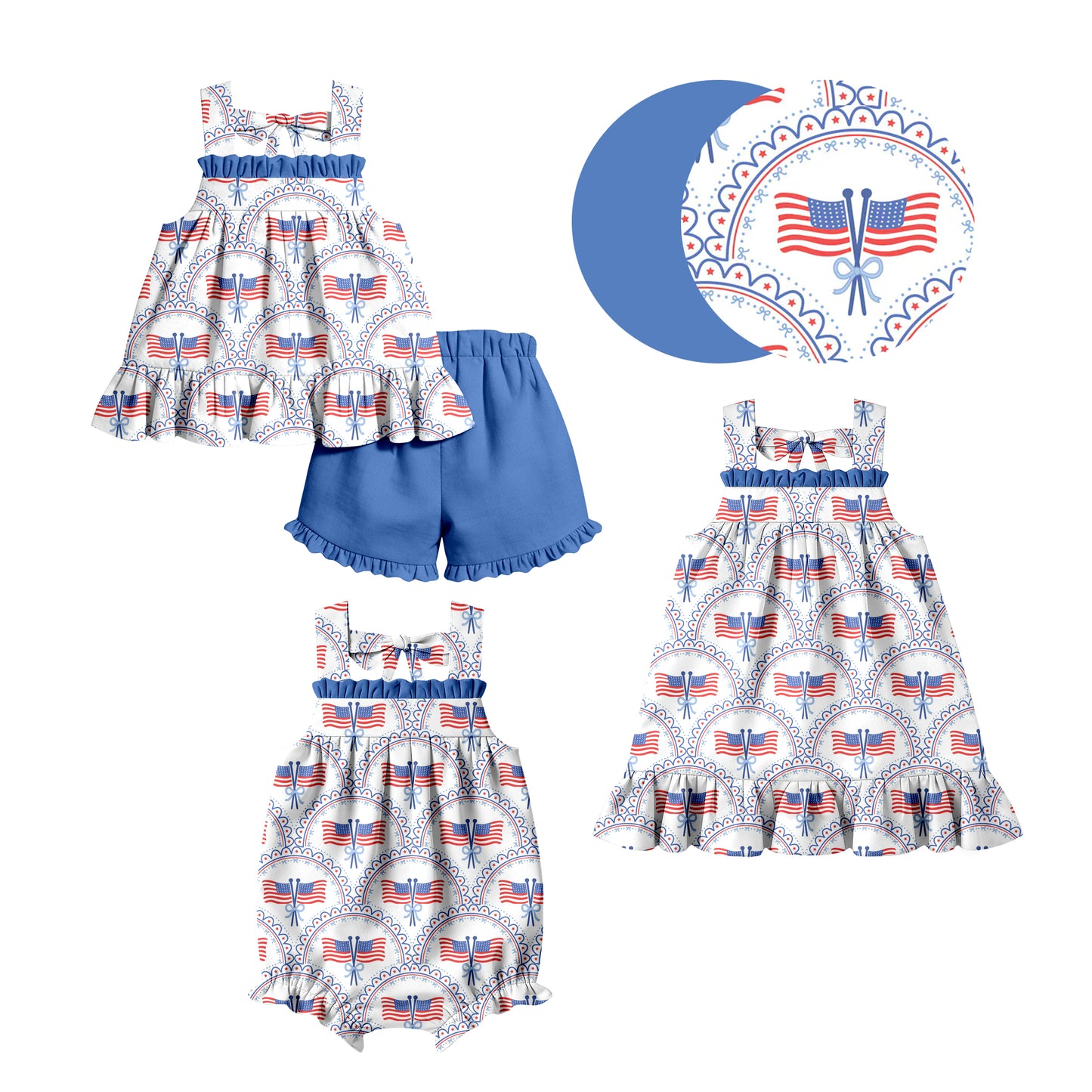 Custom moq 5 mix size Sibling Baby Girl's Blue 4th of July Sleeveless Top And Shorts Set Cute Romper Dress for Summer