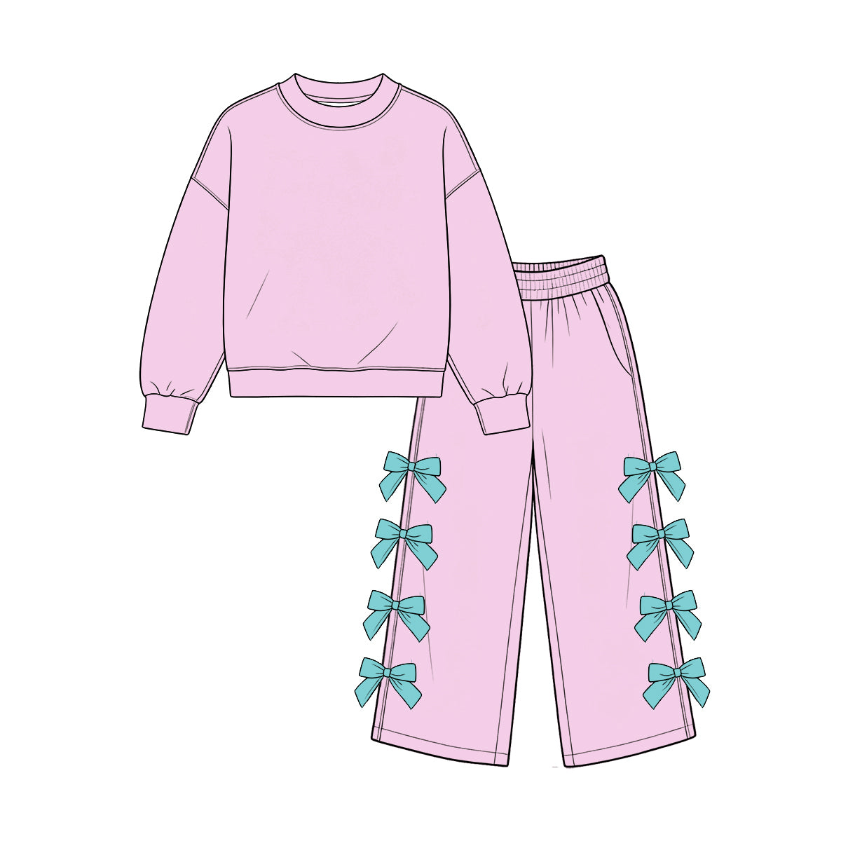 custom moq 5 mix size Baby Girls Pink Long Sleeve Top And Teal Bow Wide Leg Pants Fall Casual Outfit