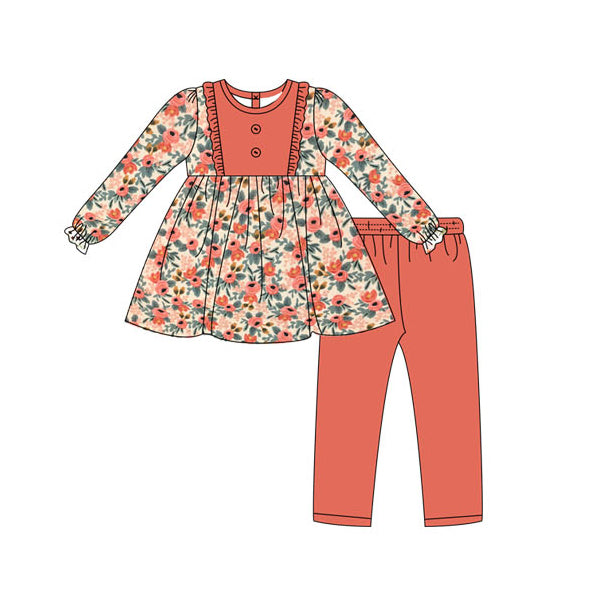 5.20custom each style moq 5eta 4-5week Sibling Sister flower prints orange girls set and dress and baby romper match family design