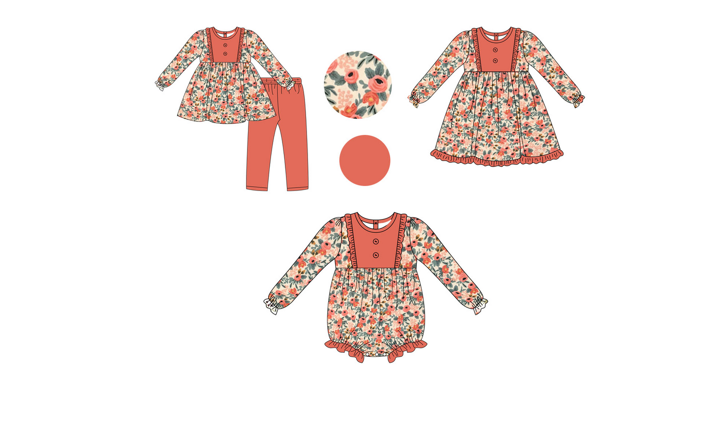 5.20custom each style moq 5eta 4-5week Sibling Sister flower prints orange girls set and dress and baby romper match family design