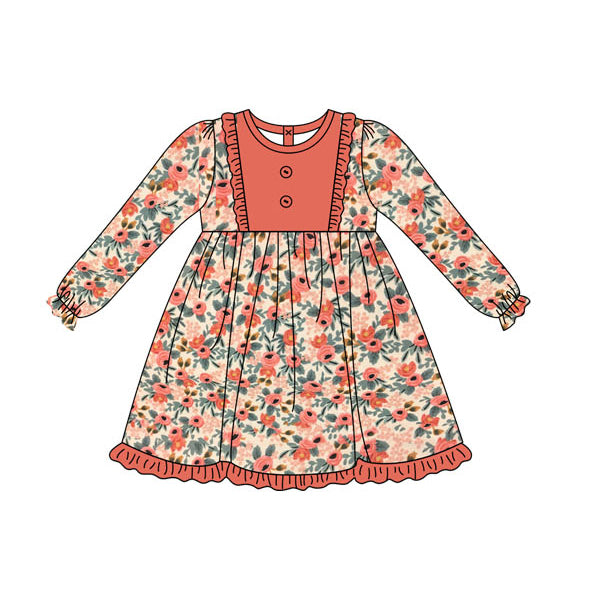5.20custom each style moq 5eta 4-5week Sibling Sister flower prints orange girls set and dress and baby romper match family design