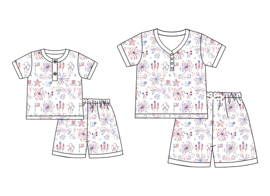 4.1 Custom moq 5 mix size Sibling Mom And Me 4th of July Pajama Set Short-Sleeved Top And Shorts Matching Sleepwear