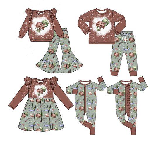25.6.28 custom each style moq 5 eta 4-6week Sibling Sisters fishing baby girl long sleeve pants sets 1 and sets 2 and romper 1 and romper 2 and dress match family design