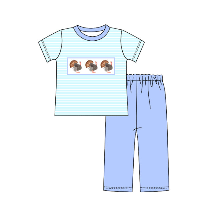 5.16custom each style moq 5eta 4-5week Sibling Sister Thanksgiving turkey print blue stripes and pink girls and boys outfits and baby romper and dress match family design