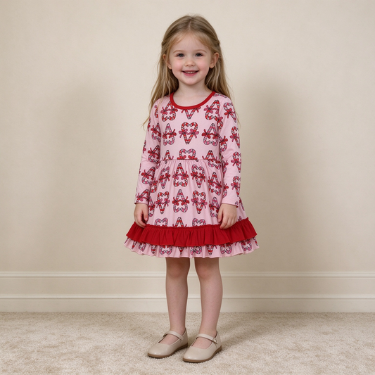 NEW RTS NO MOQ milk silk GLD1695 Baby Girls Bows Christmas Ruffle Knee Length Holiday Dress