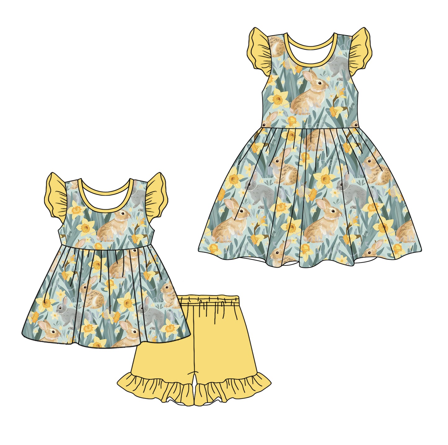 12.7 custom each style moq 5eta 4-6week Sibling Sister easter baby girl short sleeve shorts sets and dresses match design