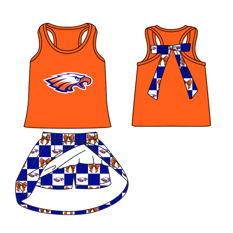 Custom moq 5 mix size milk silk summer teams Checked Bows Baby Girl Sleeveless Orange Top Skirt Short Set Dress And Shorts Yoga Outfit Boy's Top Shorts Set Romper