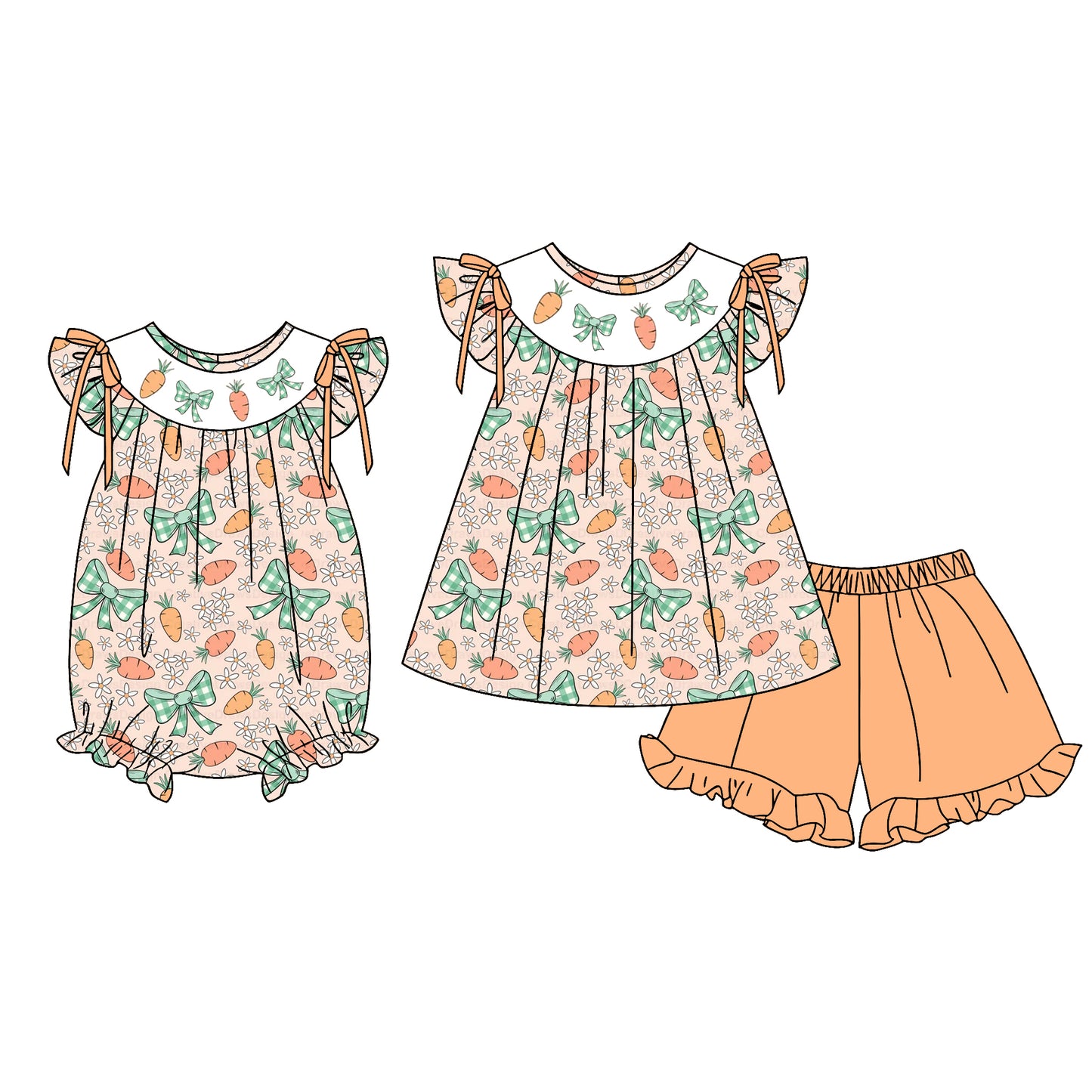 26.1.10 custom each style moq 5 eta 6-8week Sibling Sister carrot bow baby girl short sleeve shorts sets and romper match design