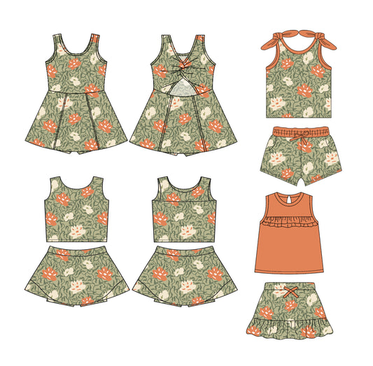 3.8 custom each style moq 5eta 4-6week Sibling Sister baby girls clothes Short Sleeve shorts sets 1 and sets 2 and yoga dress 1 and dress 2 match family design