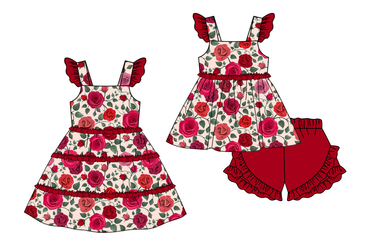 11.11 custom each style moq 5eta 4-6week Sibling Sister floral red baby girl short sleeve shorts sets and dresses match design